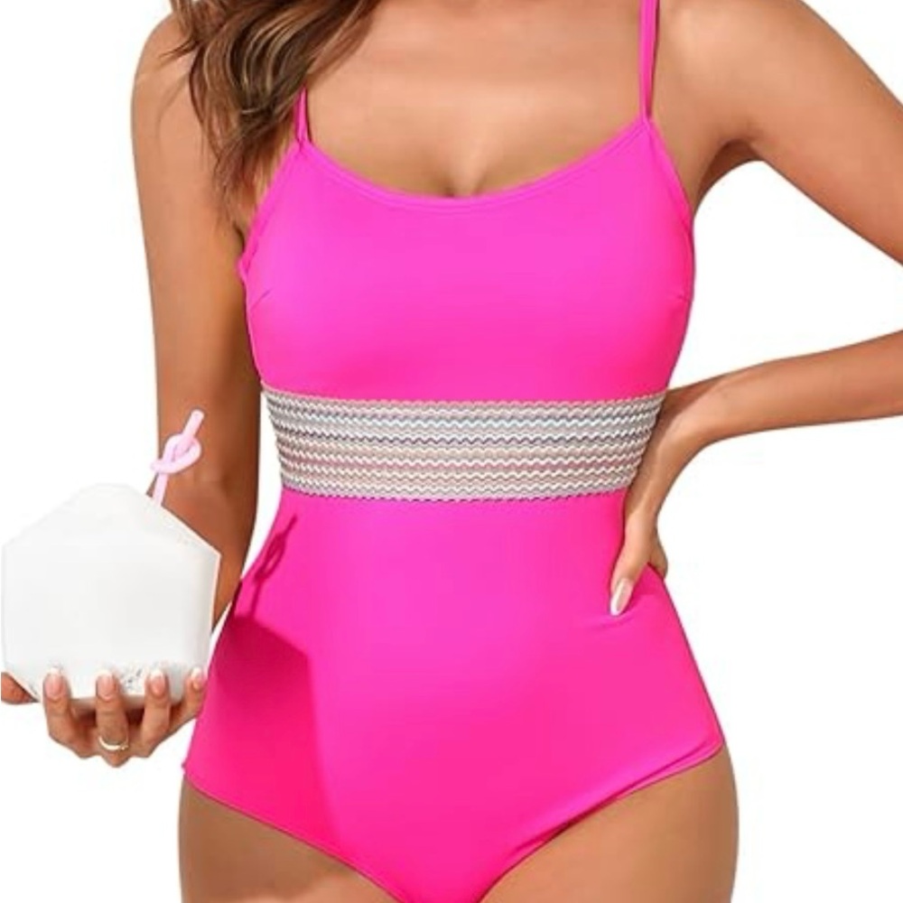 Hot Pink One Piece Swimsuit with Sheer Band